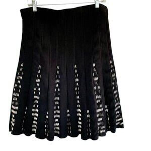 NIC+ZOE Pleated A-Line Ribbed Knit Circle Skater Skirt Black & White Twee Large
